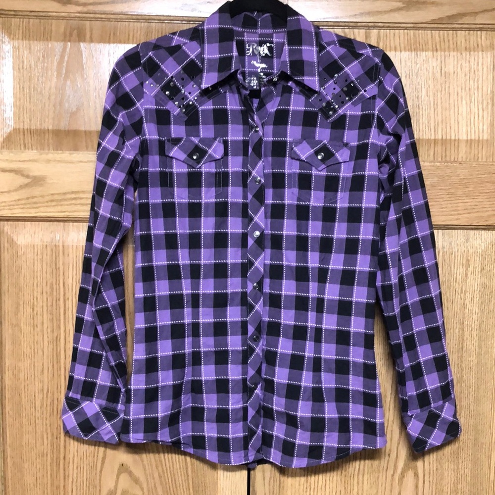 Wrangler - Western - Cowgirl - Purple and Black Plaid Button-Up Shirt
